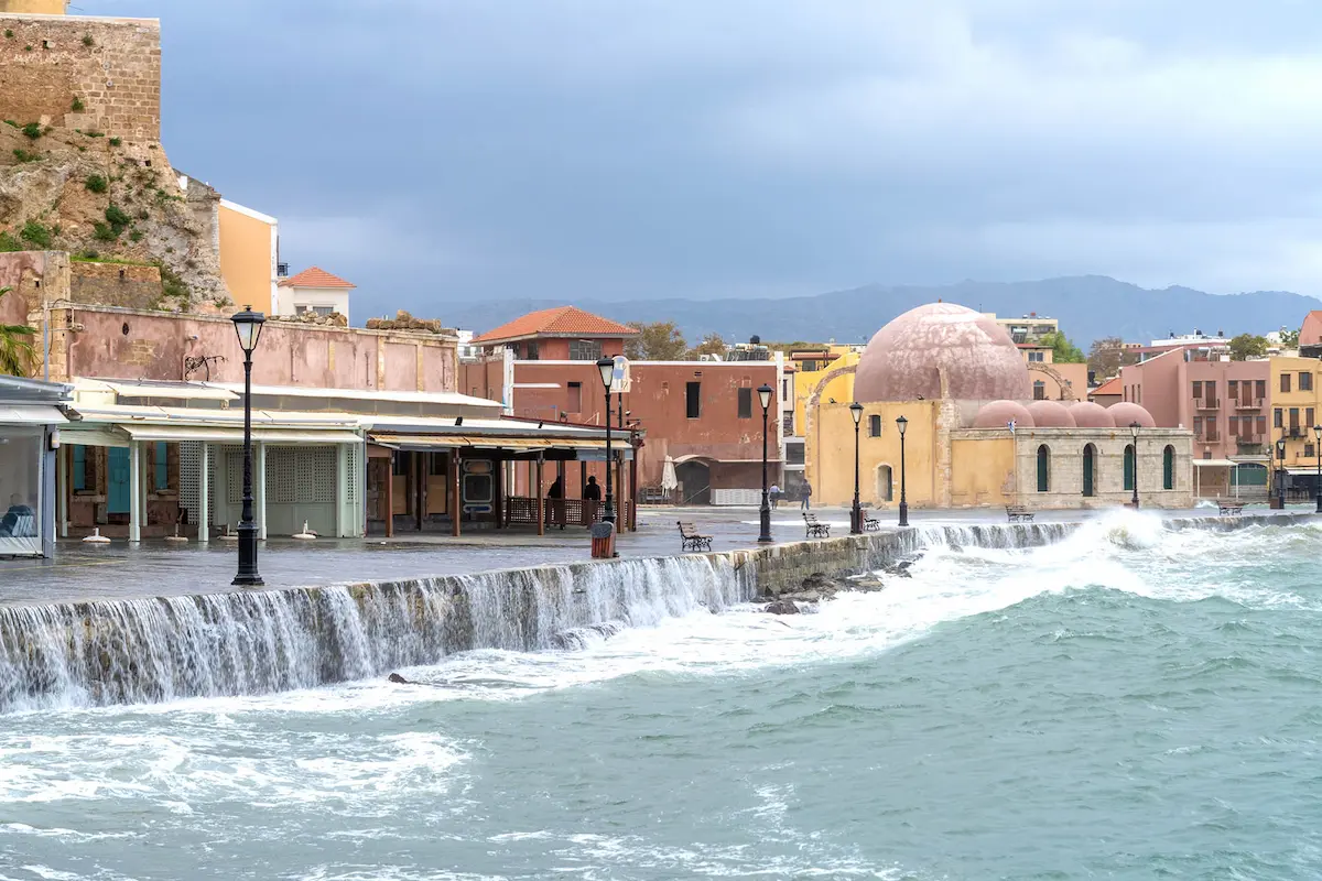 Storm surge floods the waterfront streets of Kasteli