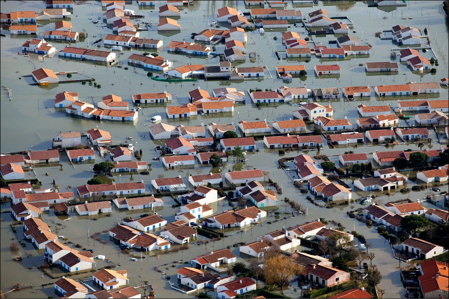 Aerial image of flooded buildings
