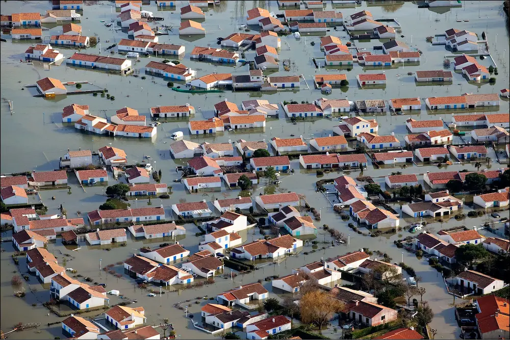 Aerial image of flooded buildings
